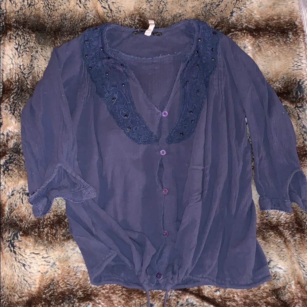 Free People Navy Blue Sheer Button-Up Blouse with Lace Collar